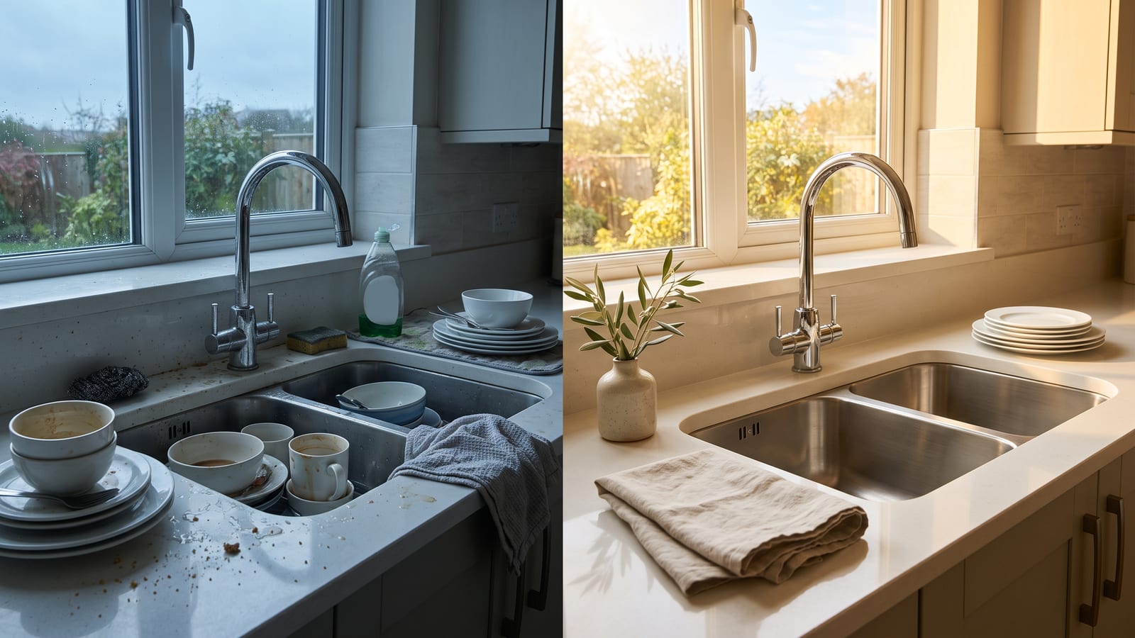 Illustration: split view of a kitchen sink, piled with dirty dishes on the left and clean and cleared on the right